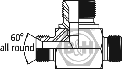 BSP male tee for bonded seal ENLARGING ON BRANCH Drawing