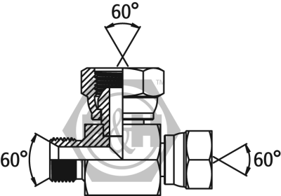 BSP male x BSP swivel female x BSP swivel female branch tee ENLARGING ON BRANCH Drawing