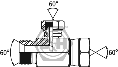 BSP male x BSP swivel female x BSP swivel female tee REDUCING ON BRANCH Drawing