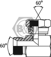 BSP male for bonded seal x BSP swivel female 90° compact elbow Drawing