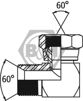 BSP male cone seat x BSP swivel female 90° compact elbow Drawing