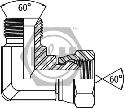 BSP male x BSP swivel female 90° forged compact elbow Drawing