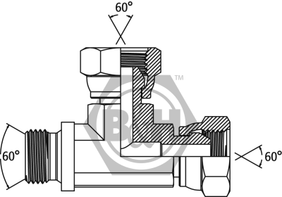 BSP male x BSP swivel female x BSP swivel female branch tee - forged Drawing